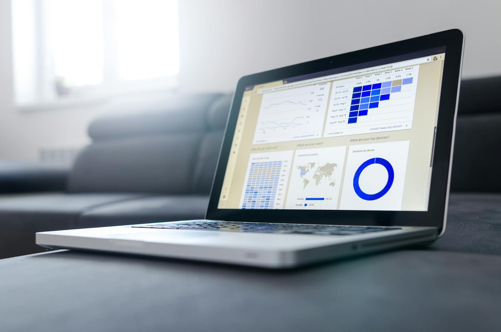 A laptop with a dashboard featuring data visualizations. Photo by: Pexels.com.